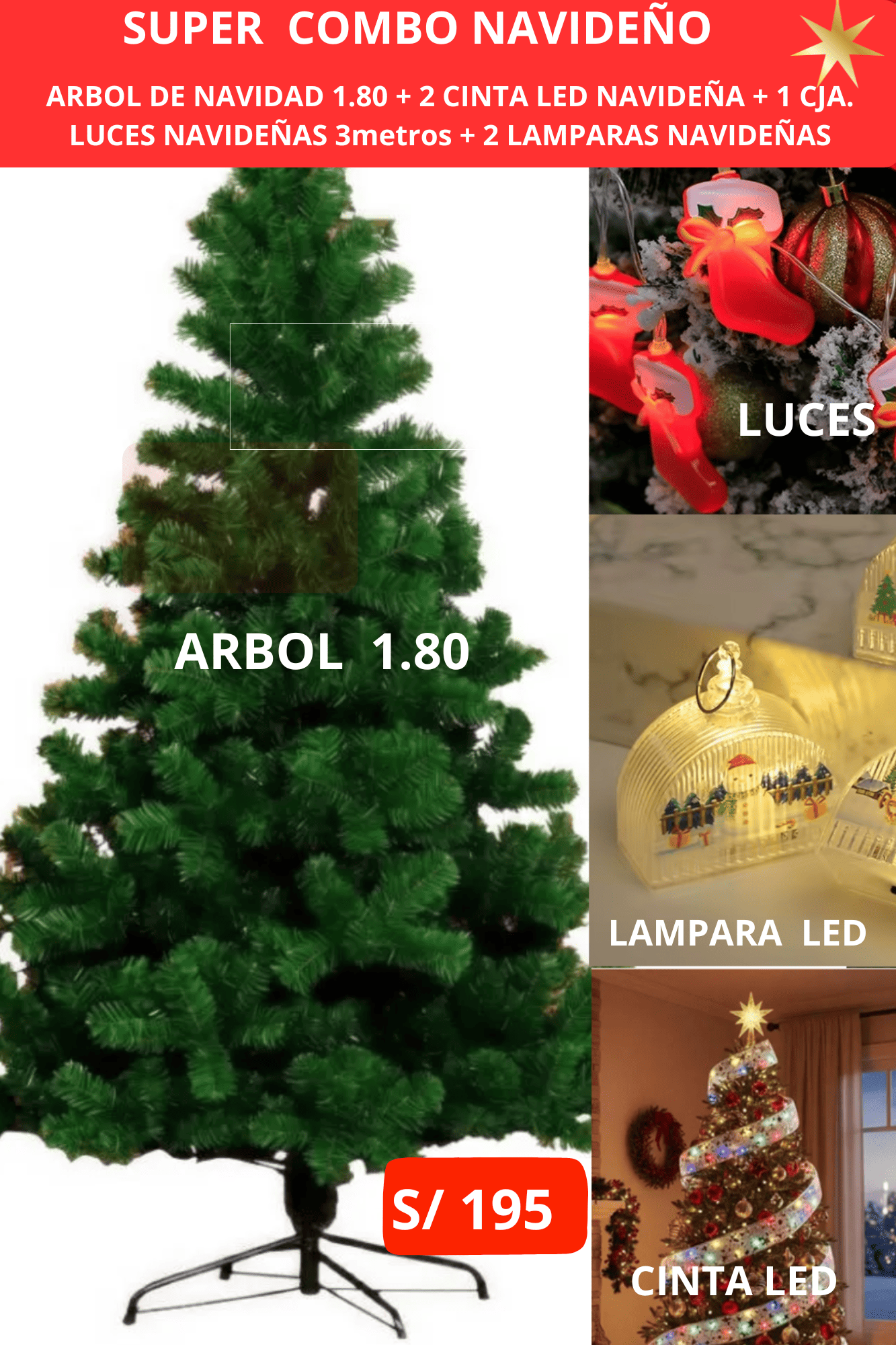SUPER COMBO NAVIDEÑO: ARBOL 1.80+ CINTA LED + LUCES NAVIDEÑAS + CAMPANA NAVIDEÑA
