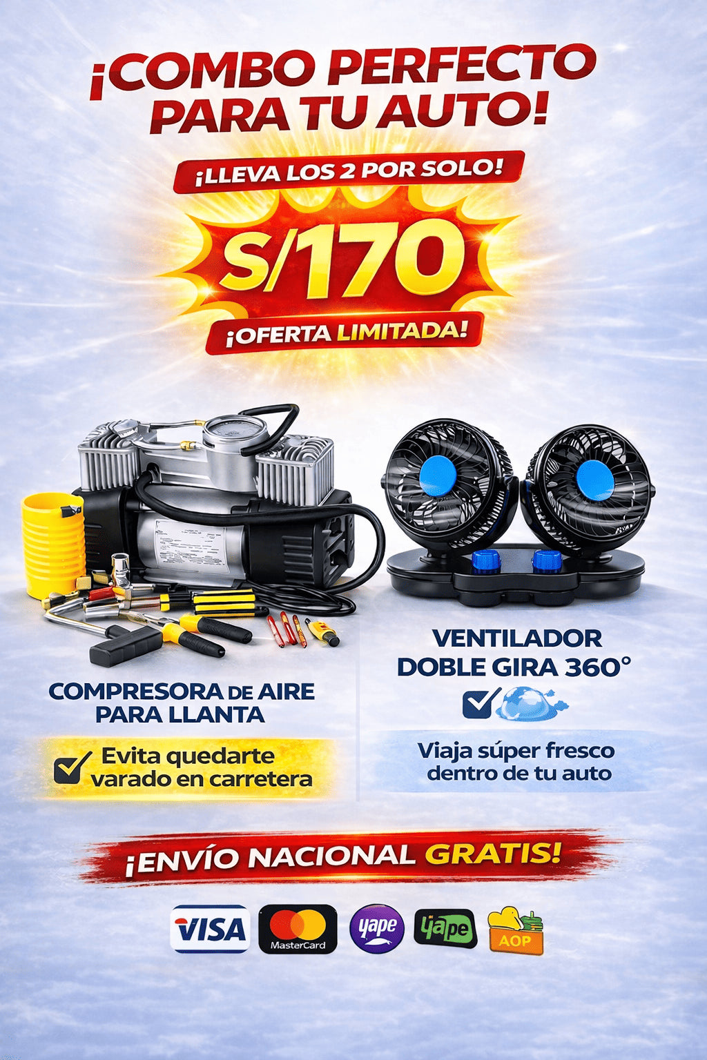 COMPRESORA DE AIRE  +  VENTILADOR DOBLE 360°